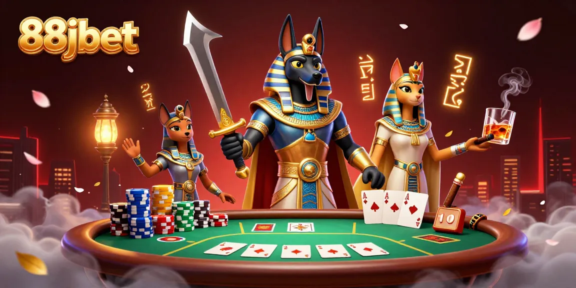 Join 88jbet's thrilling poker adventure with Anubis and Bastet, amidst shimmering casino elements.