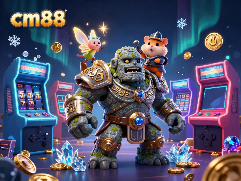 Experience the magic of cm88 with a golem guardian, fairy casting sparkles, and a hamster knight amid casino games.