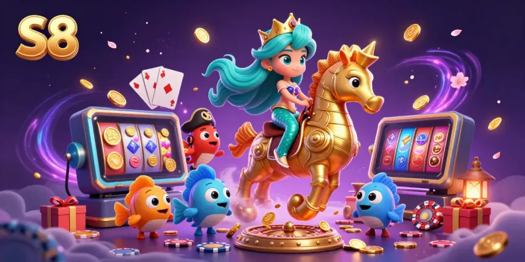 S8 casino-themed illustration depicting a mermaid princess and a seahorse with slot games, inviting gamers to the adventure.