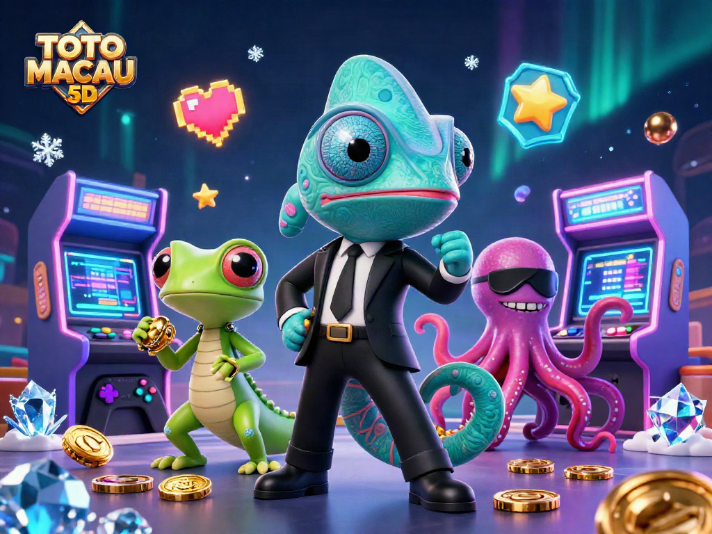 TOTO MACAU 5D showcases a thrilling lottery scene with a secret agent chameleon and a tech-savvy gecko in a colorful gaming world.