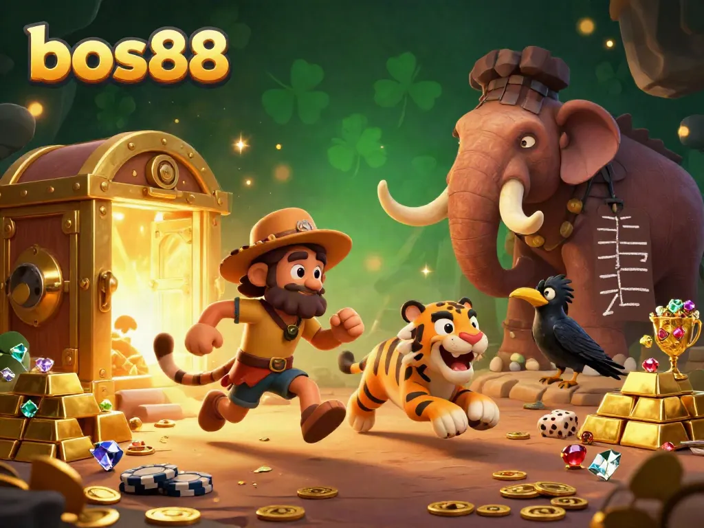 Gamblers experience excitement at bos88's prehistoric casino, surrounded by treasure and magical ambiance.