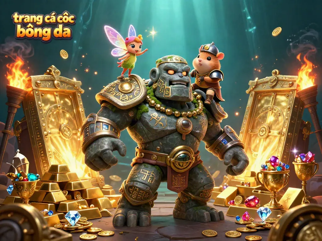 Engaging scene showcasing ancient golem, fairy, and knight amid treasure and magic, embodying the spirit of trang cá cược bóng đá.