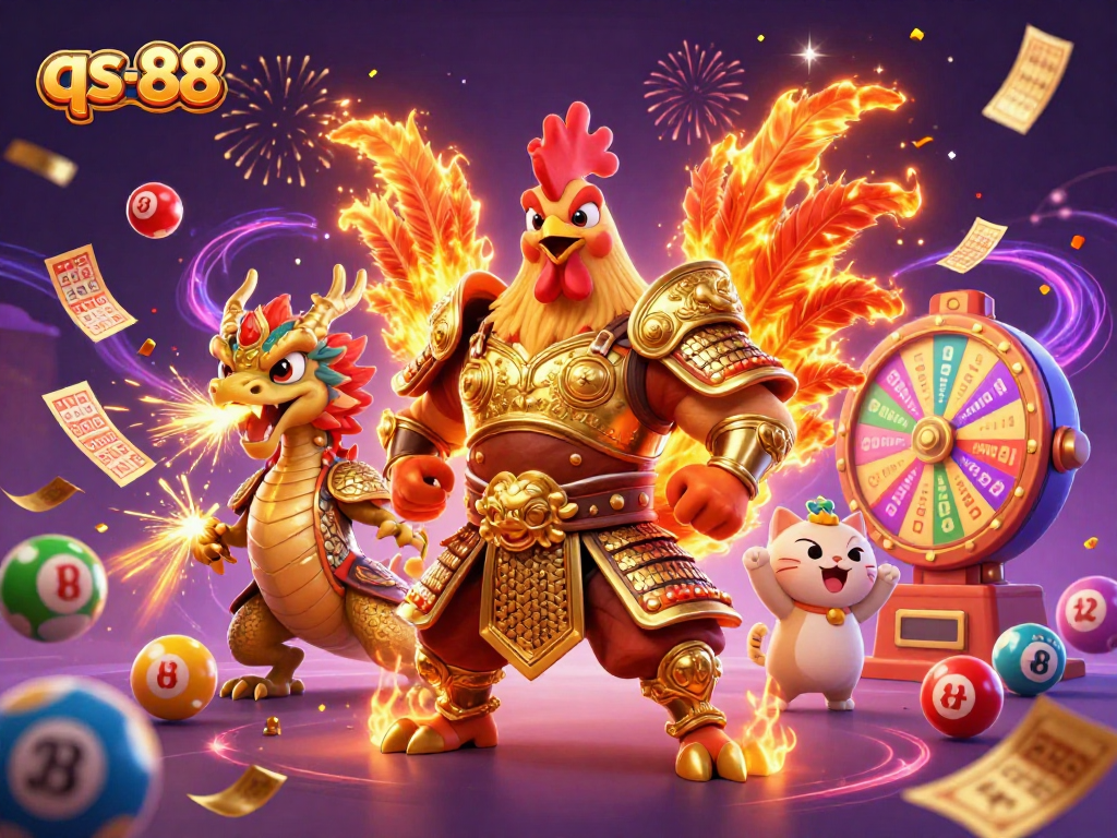 Join the excitement at qs-88 with a vibrant casino scene featuring unique characters and gaming elements.