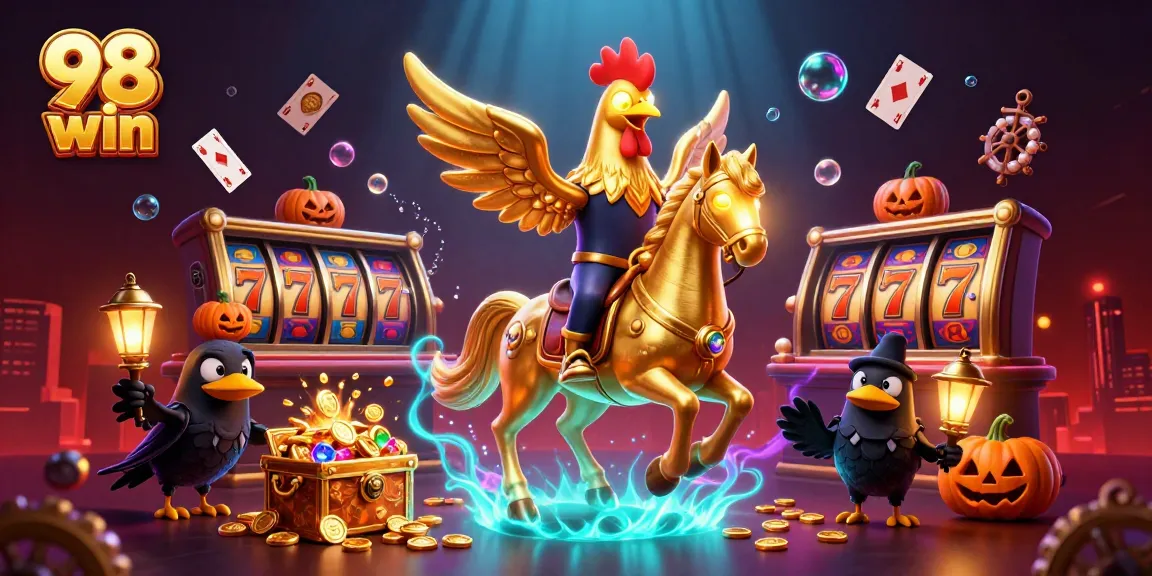 Play exciting casino games with 98 win's vibrant scene of golden rooster and treasures.
