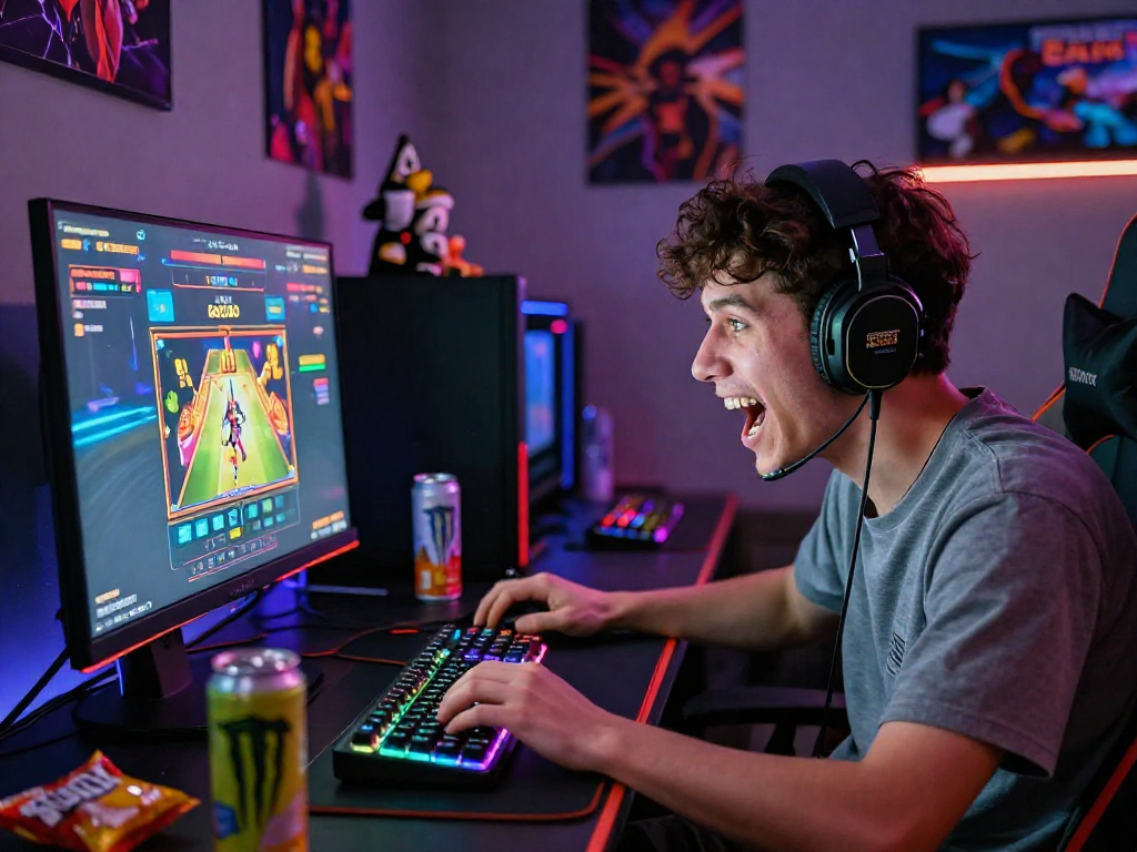 Excited gamer experiencing slot gacor gameplay at a high-tech setup with colorful LED lights and gaming gear.