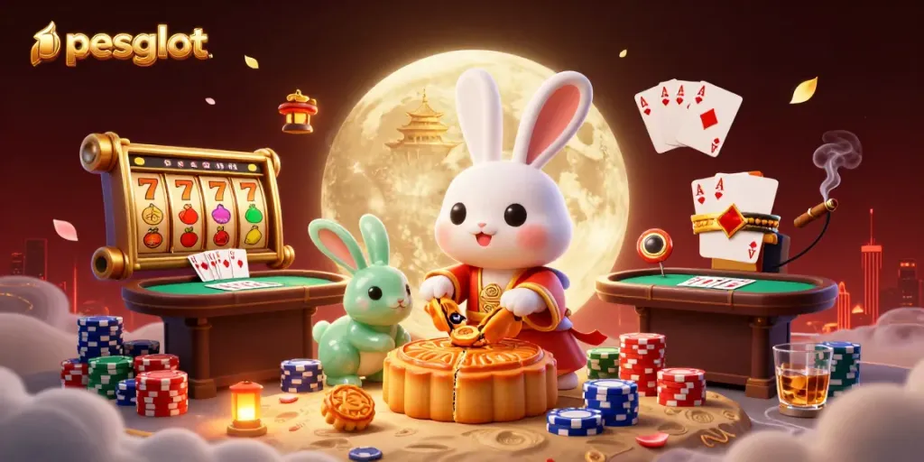 PESGSLOT: Ilustrasi 3D kera bulan tradisional dengan simbol slot dan poker melambangkan kegiatan judi online.
