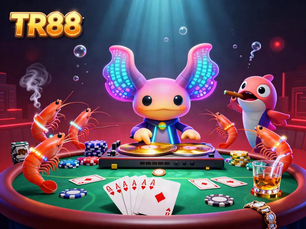 Experience TR88’s vibrant casino atmosphere with a neon axolotl DJ and lively poker action.