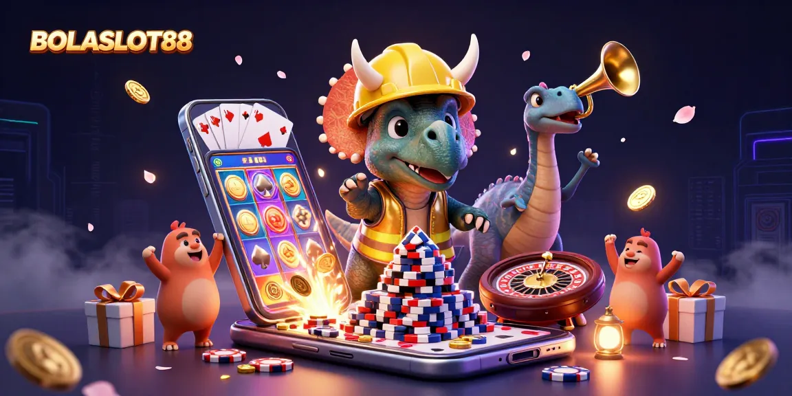 BOLASLOT88 captivates with a lively triceratops and friends amidst casino elements celebrating winning moments.