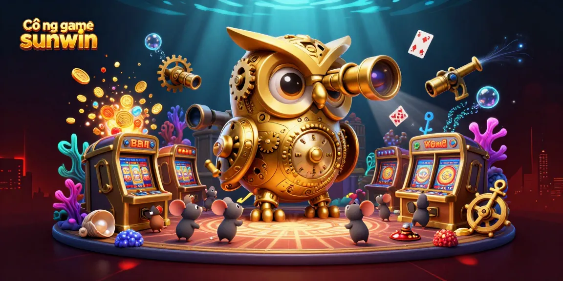 Cổng game sunwin thể hiện sự sống động với chú cú vàng và những máy xèng lấp lánh.