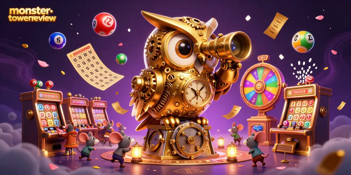 Engage with the thrill of excitement at monstertowerreview while witnessing a dynamic casino scene with a golden owl overseeing mouse patrons and vibrant lottery elements.