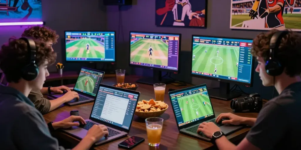 Exciting urban sports betting scene with lotus365 players engaged in cricket, football, and tennis, surrounded by vibrant screens and snacks.