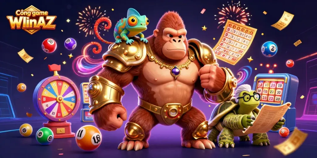 Engage with Cổng game WIinAZ through vibrant gambling illustration showcasing a gorilla king and colorful lottery elements.