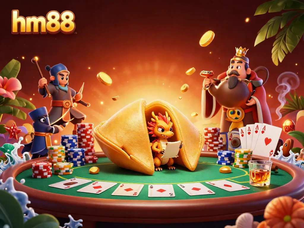 Experience thrilling poker action with hm88, featuring a golden fortune cookie, wise dragon, and poker chips.