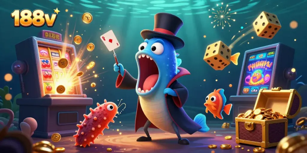 Experience thrilling casino magic with 188v's vibrant underwater gambling illustration.