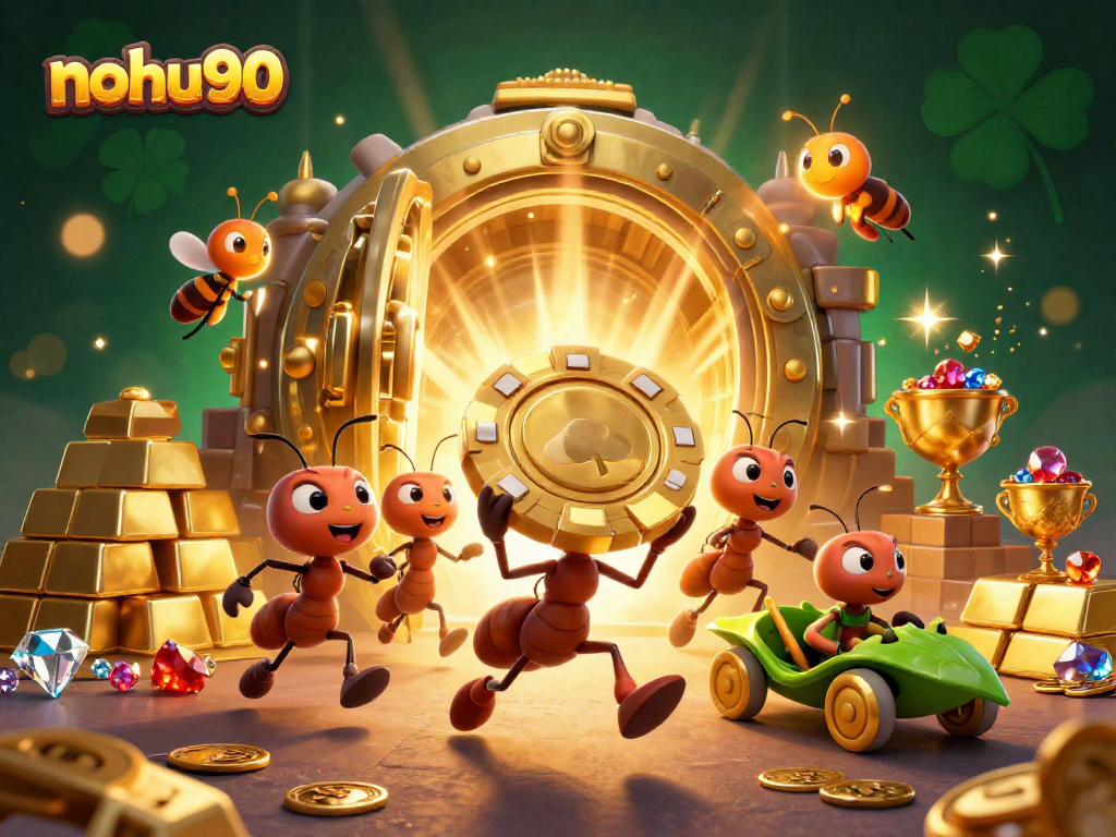 Nohu90 ants carry a giant poker chip through a treasure vault in this vibrant scene.