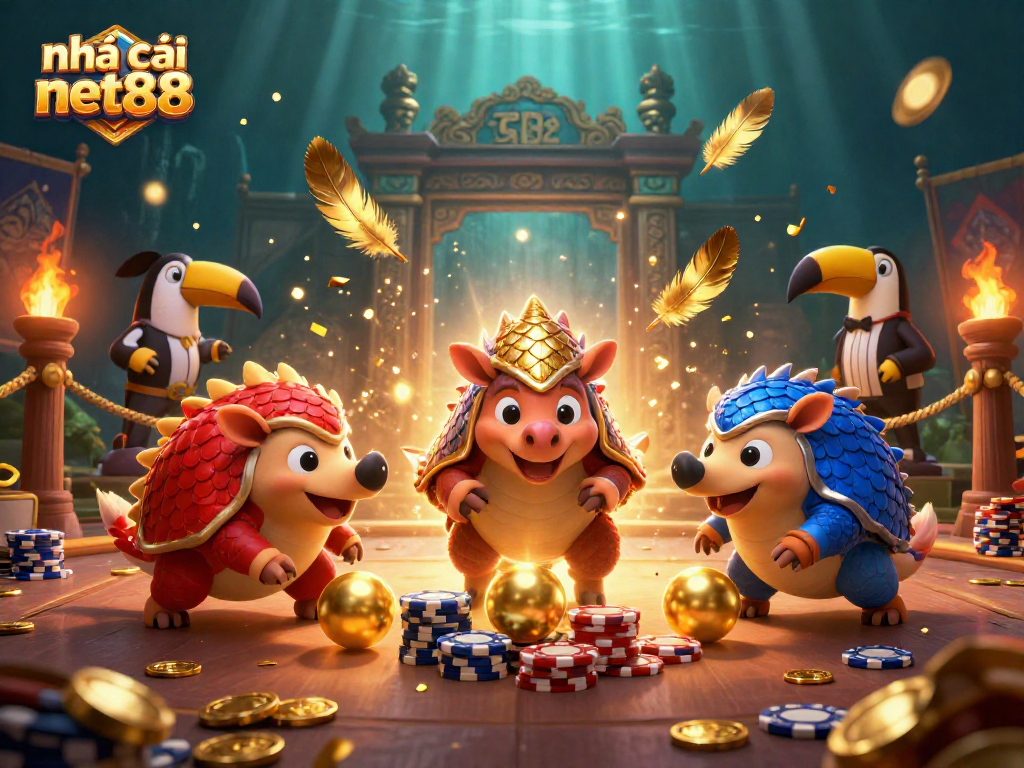 nhà cái net88 features playful pangolins in a vibrant casino bowling scene.