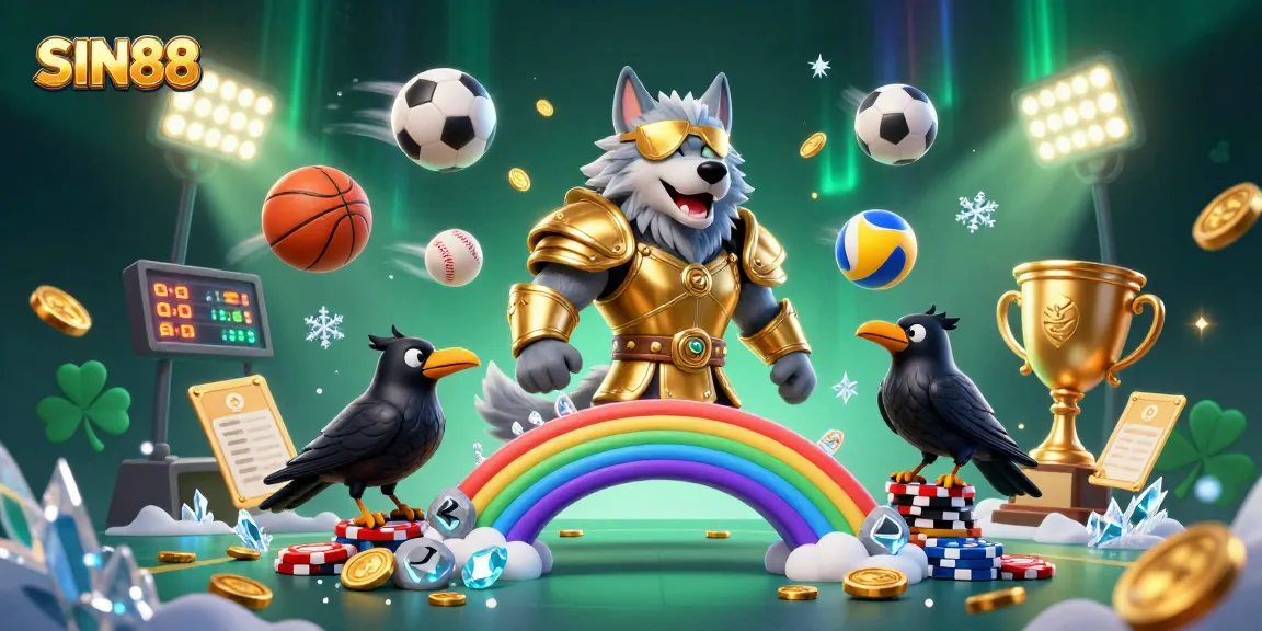 Engage with the vibrant SIN88 casino scene showcasing a Norse wolf with sports elements.