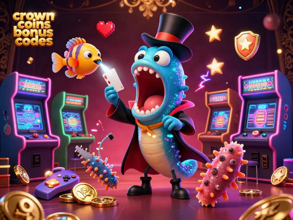 Crown coins bonus codes featured in a vibrant 3D casino scene with characters performing magic acts and surrounded by arcade game elements.