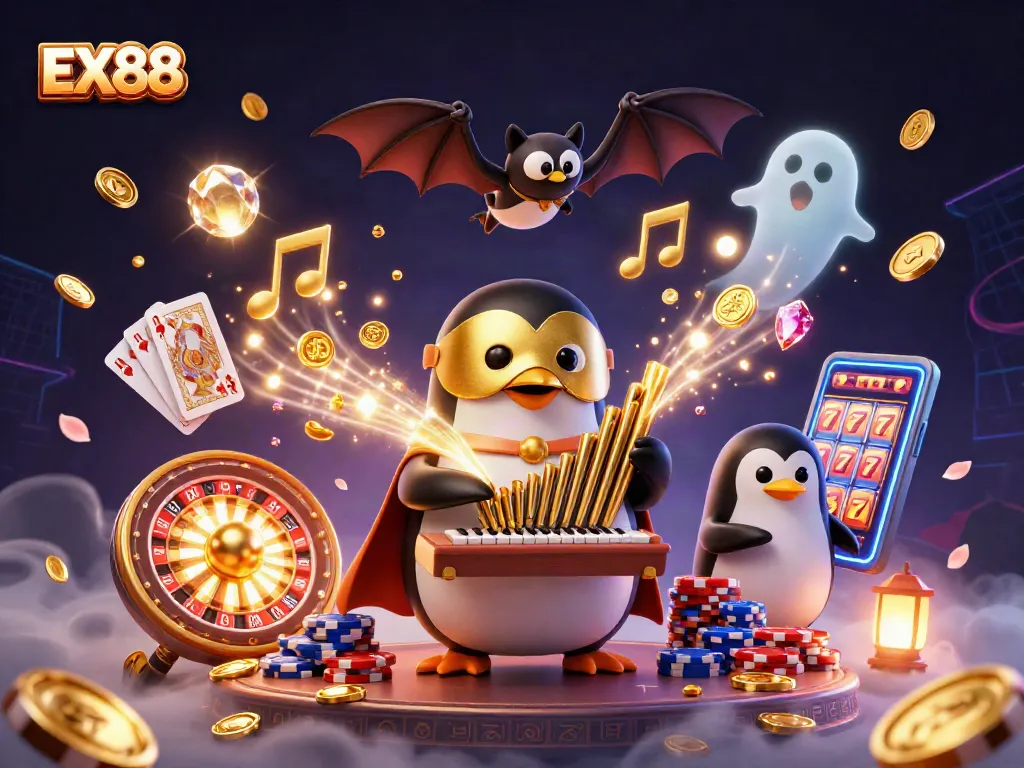 Join the fun with EX88: a lively casino scene featuring golden coins, a pipe organ, and playful elements.