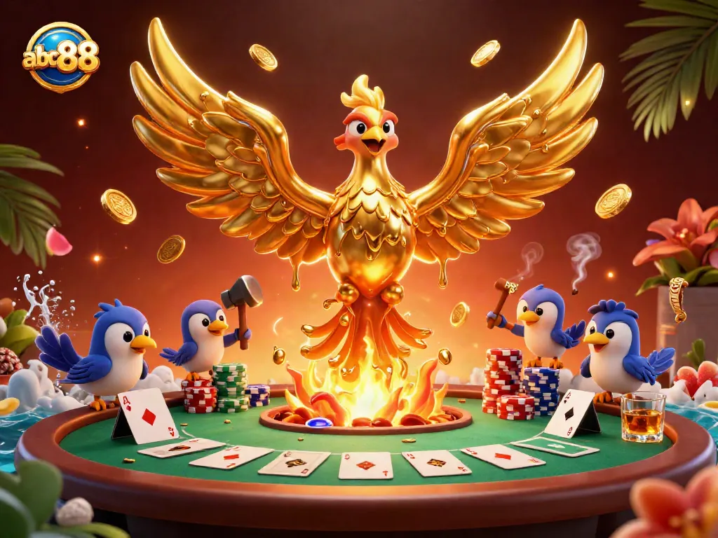 Experience the thrill of abc88 with molten gold phoenix and poker chips in a vibrant casino scene.