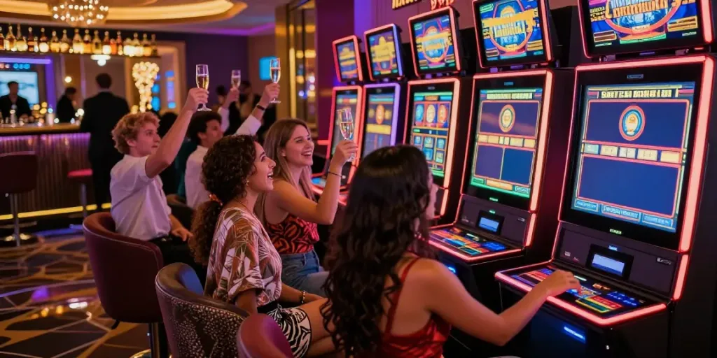Exciting akunjp celebration scene at a gaming lounge with friends winning.