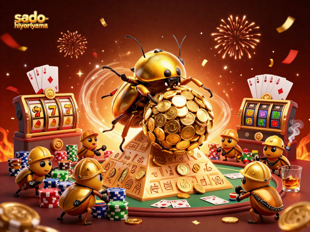 Spin to win at sado-hiyoriyama with golden beetles and casino riches swirling in celebration.