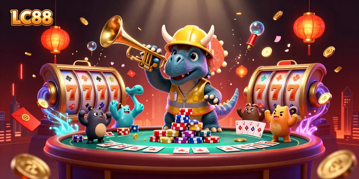 Engage with LC88 slots as a cartoon triceratops builds a poker chip pyramid.