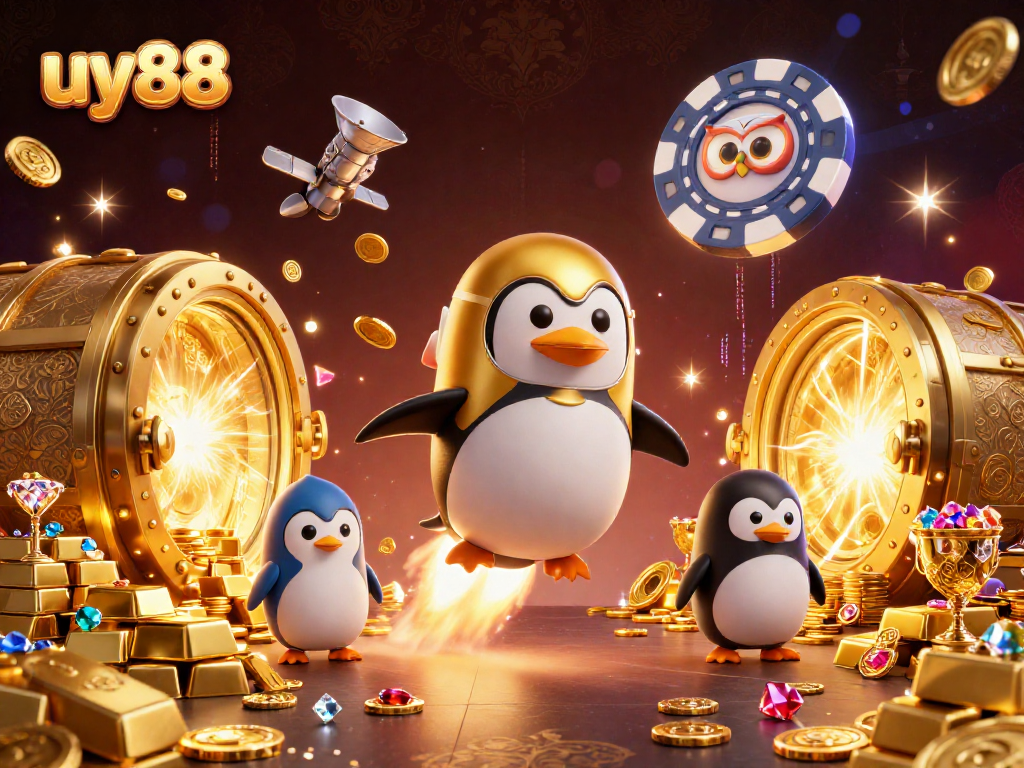Spin and win big with uy88, featuring a golden penguin and treasure amidst luxury casino elements.