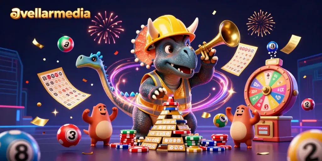 Play and celebrate with avellarmedia in a dynamic gambling scene bursting with excitement and colorful lottery elements.