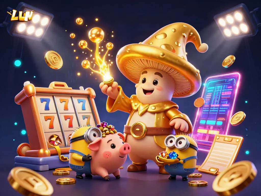 Experience the enchanting world of LLWIN with a golden mushroom wizard and treasure-finding pig amidst vibrant casino elements.
