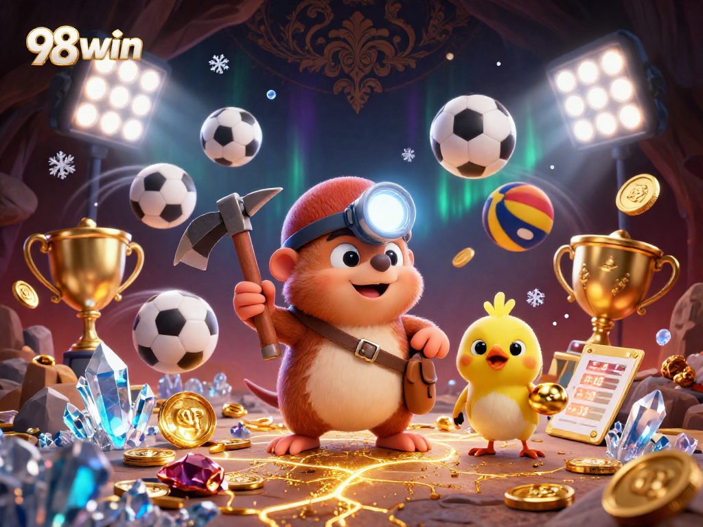 Experience the thrill of winning at 98win with this vibrant 3D casino scene featuring a treasure hunter and sports elements.