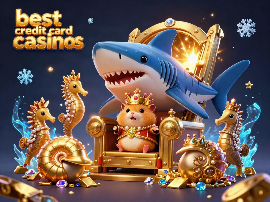 Experience the excitement of the best credit card casinos with a fierce hamster king on a golden throne, surrounded by treasures.