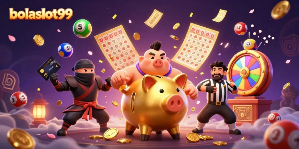 Experience the excitement of bolaslot99 with a dynamic scene of a piggy bank sumo and vibrant lottery elements.