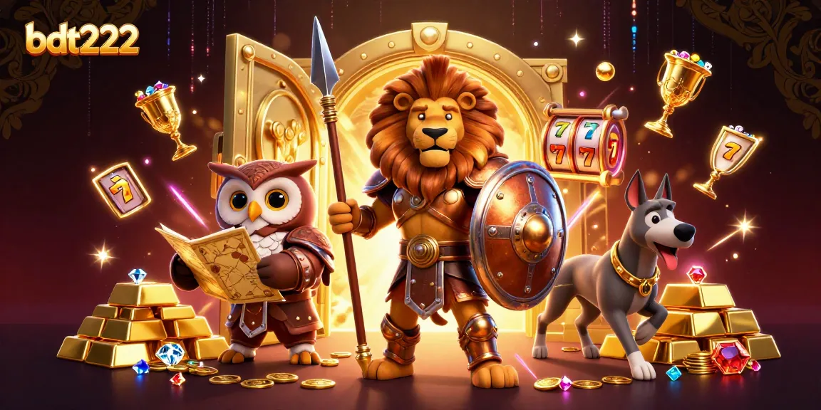 Experience the excitement of bdt222 with a dynamic 3D illustration showcasing casino treasures, featuring a bronze-armored lion, an owl strategist, and a swift greyhound.