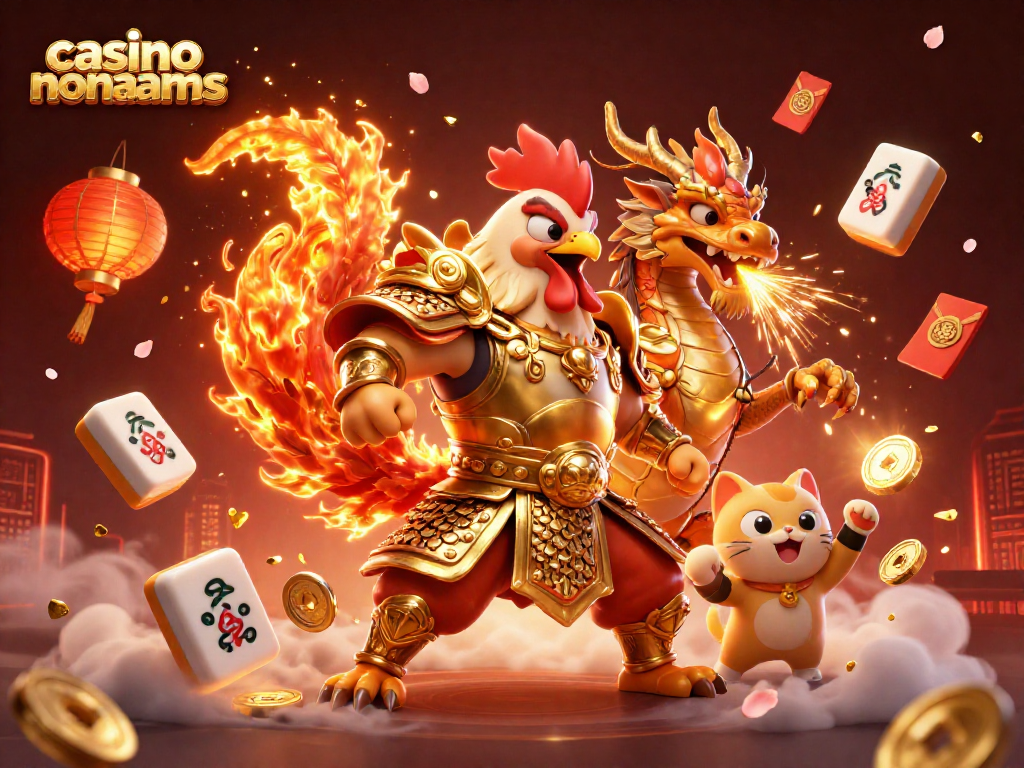 Gioca nei migliori casino non AAMS con il coraggioso gallo guerriero e il drago, circondati da simboli fortunati.