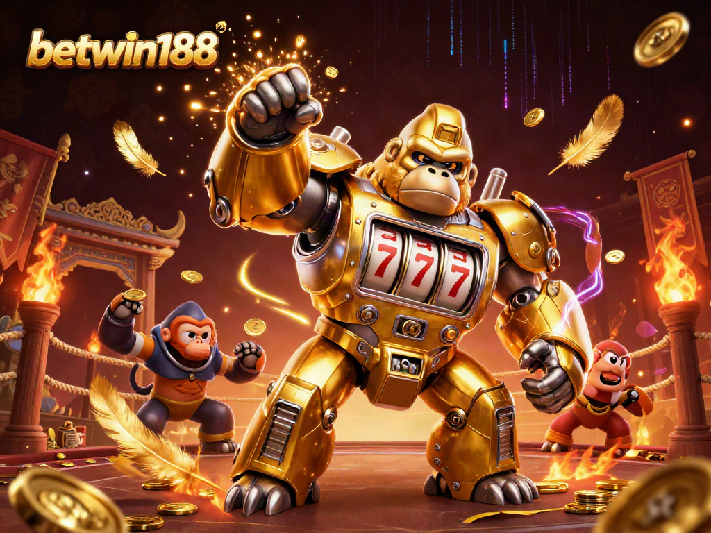 Experience thrilling action in betwin188 with an epic gorilla mech and vibrant casino elements.