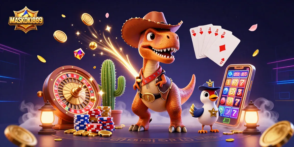 Engage with the MASKOKI889 scene of a cowboy dinosaur winning at casino games surrounded by vibrant symbols.