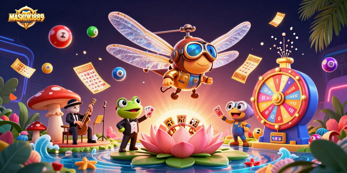 Experience the thrill of MASKOKI889 with a vibrant casino scene featuring colorful lottery elements.