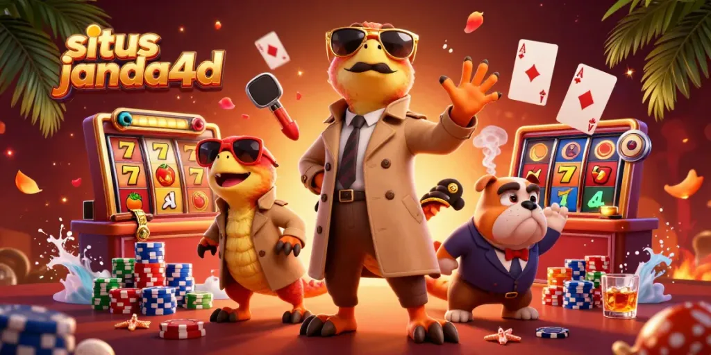 Gambarkan situs janda4d dengan raptor 3D dalam trench coat dan unsur perjudian berwarna-warni.