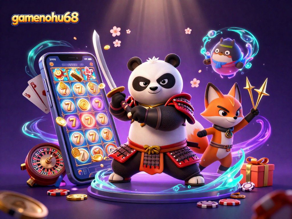 Spin and win with gamenohu68 in an exhilarating 3D casino illustration featuring dynamic gaming elements.