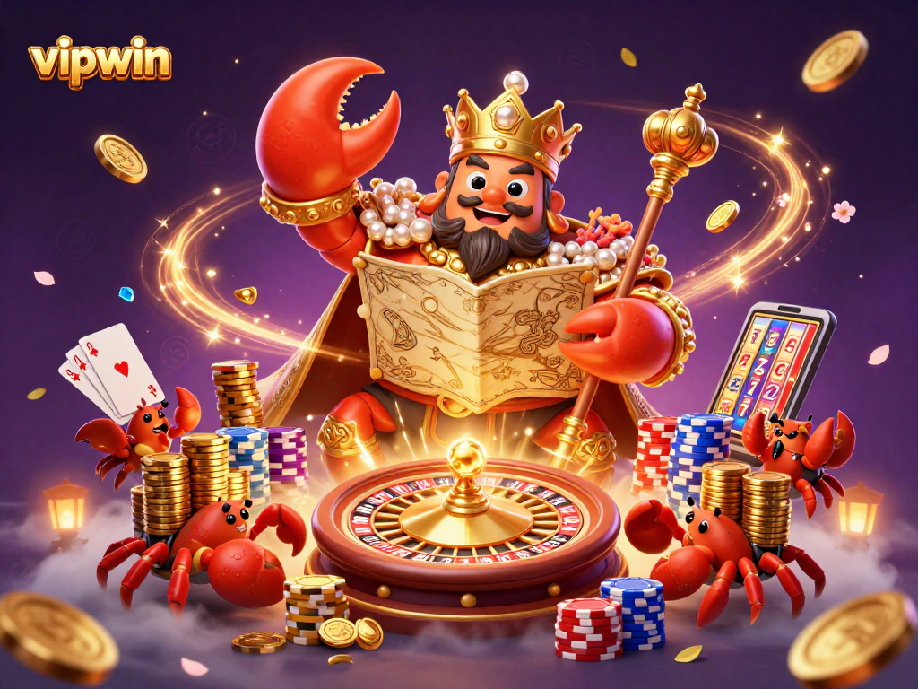 Win big at vipwin with a golden crab emperor leading a casino extravaganza filled with shimmering gems and vibrant gaming elements.