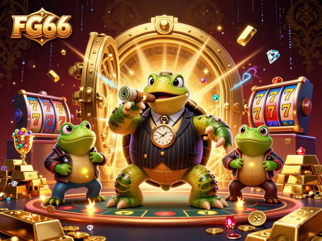 FG66 showcases a vibrant casino scene featuring a mobster turtle and bullfrog enforcers.
