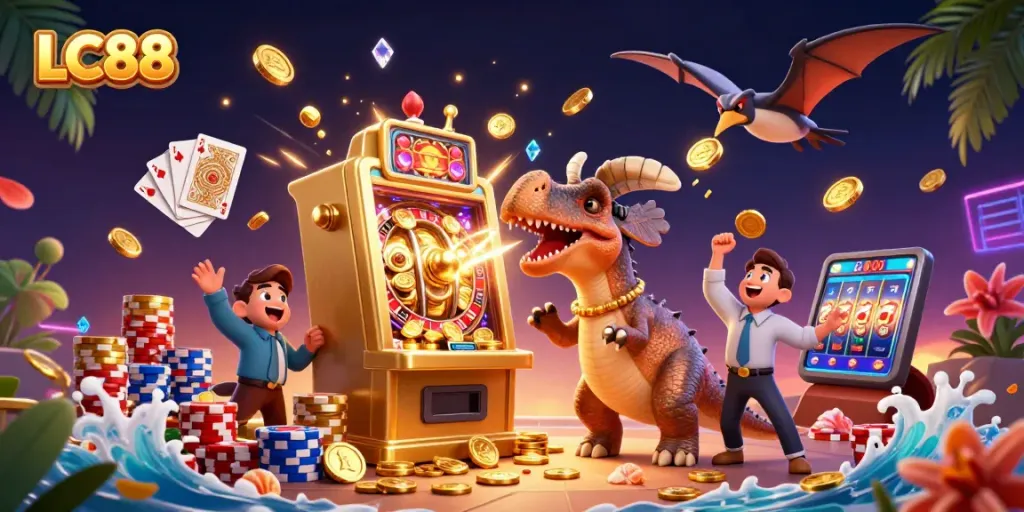 LC88 showcases a pachycephalosaurus winning with a slot machine amid flying coins and vibrant casino elements.