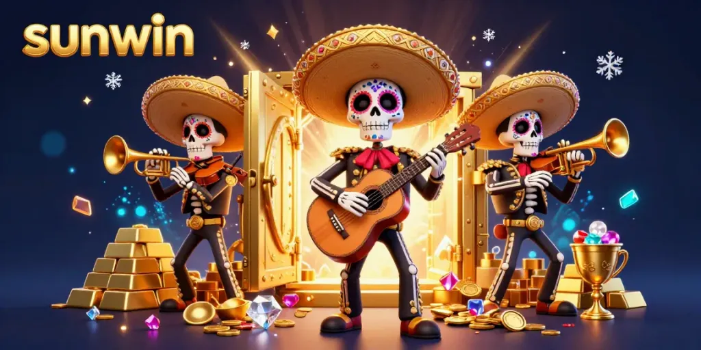 Enjoy thrilling moments at Sunwin's vibrant casino with 3D skeleton mariachi band surrounded by treasures.