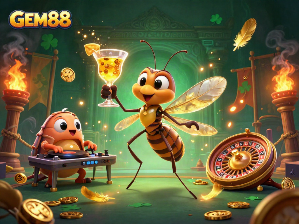 Engage GEM88's dynamic casino atmosphere with vibrant characters and golden gaming elements.