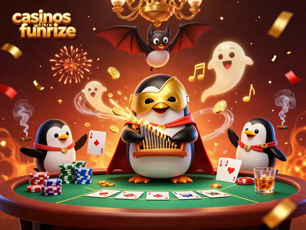 Experience fun gaming options like casinos like funrize with a penguin at a poker table.