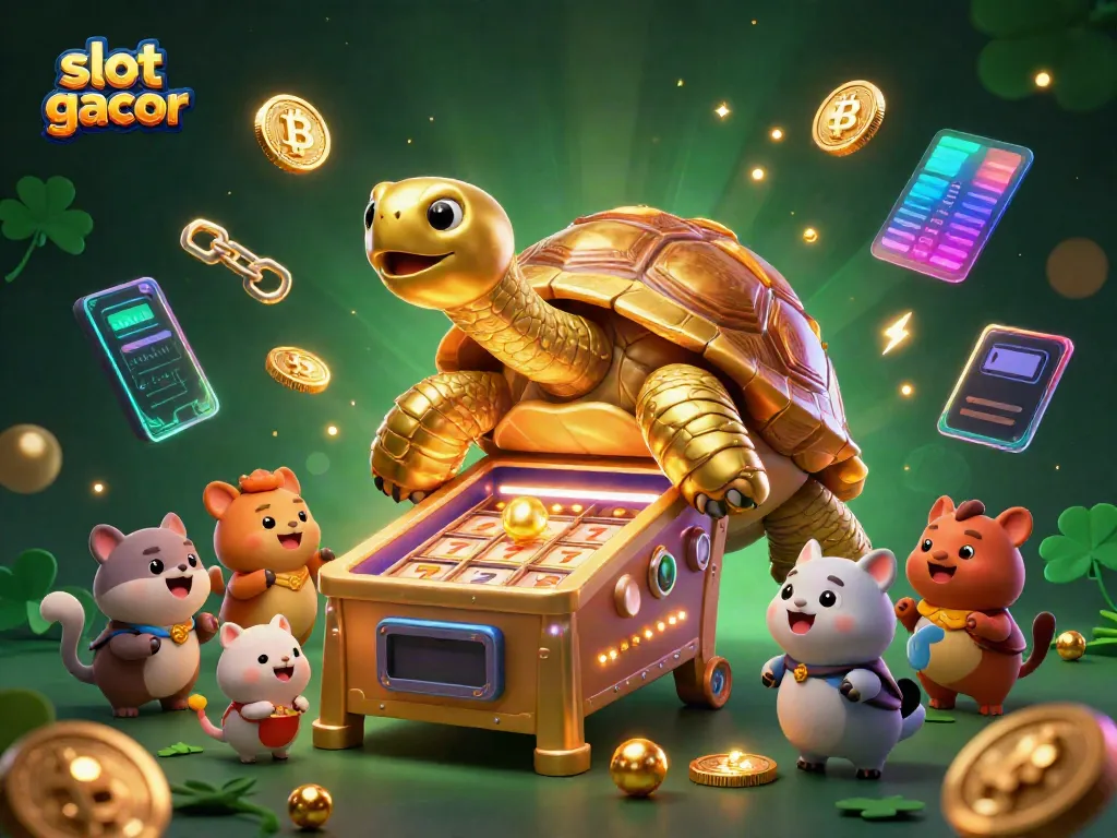 Perayaan keberuntungan dengan slot gacor, bunga emas berkilau dan karakter kartun bersemangat bermain mesin slot.