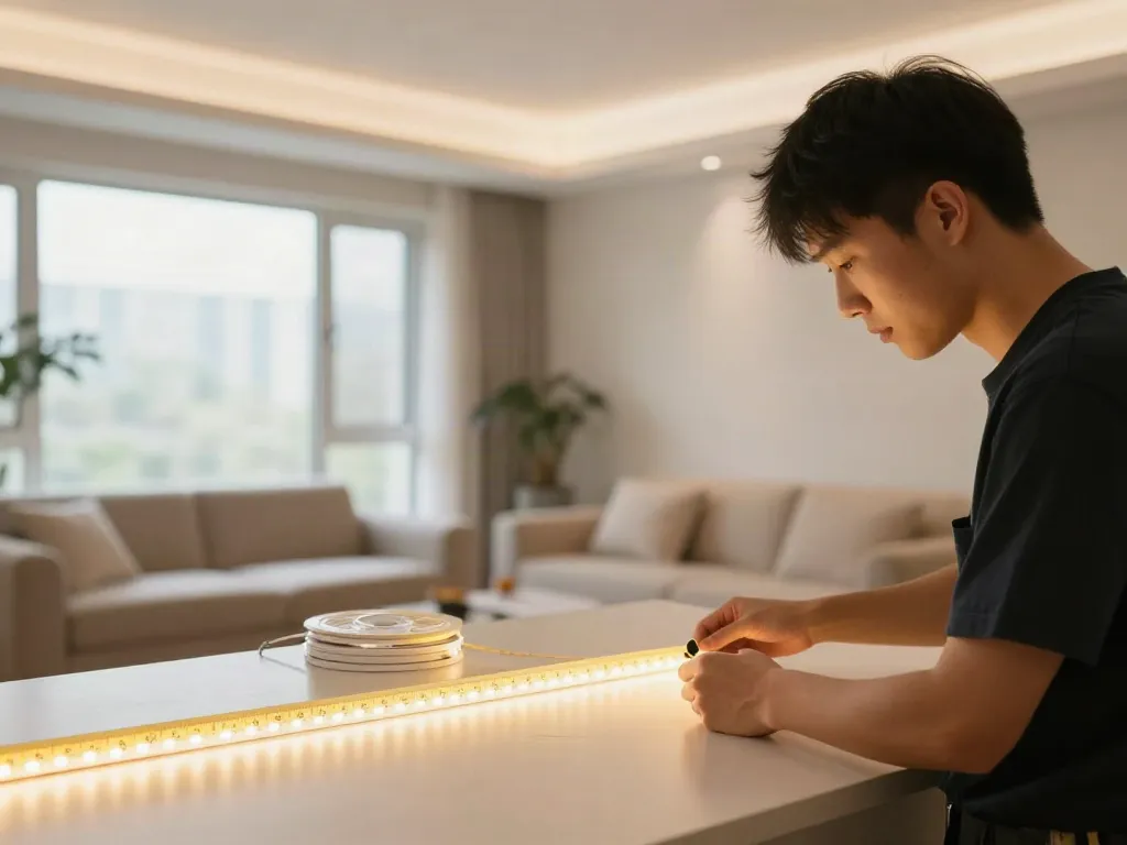 Banda LED instalată de un profesionist într-un living modern, oferind o atmosferă caldă și primitoare.