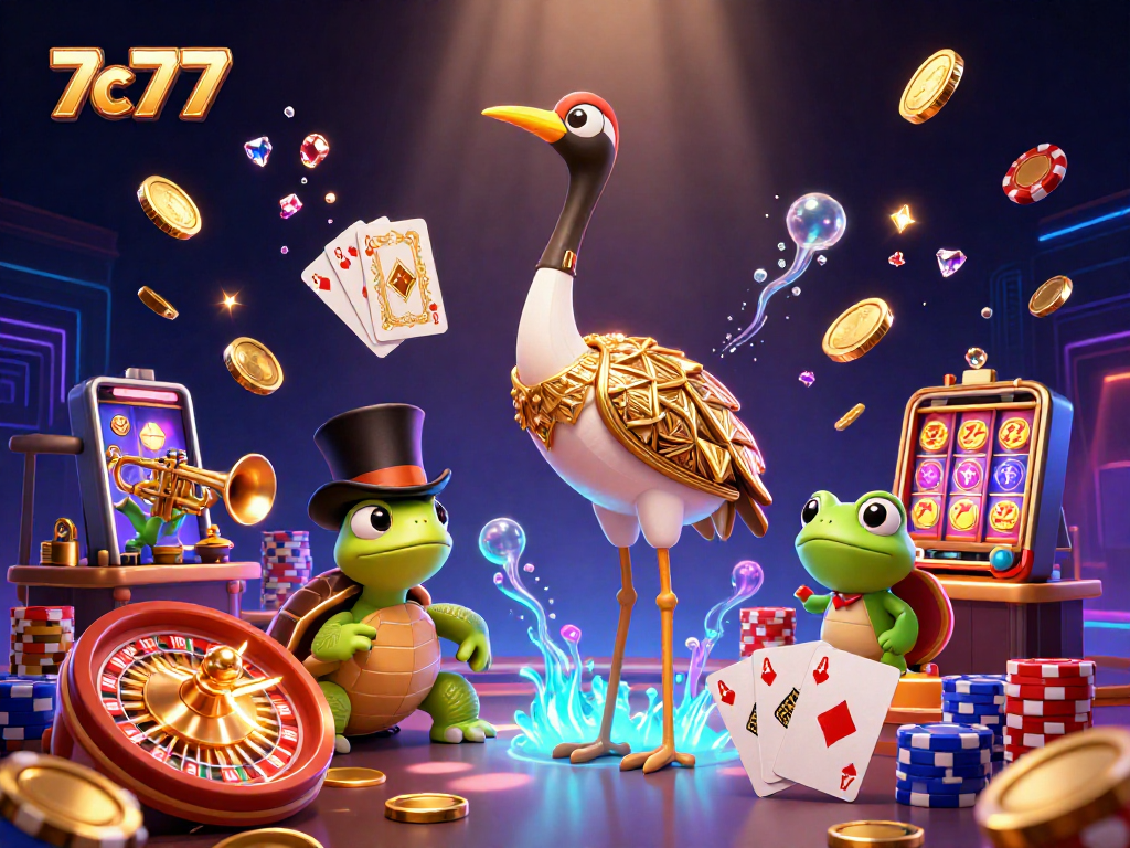 Experience the thrill of 7c777 as cartoon characters play at a vibrant casino scene.