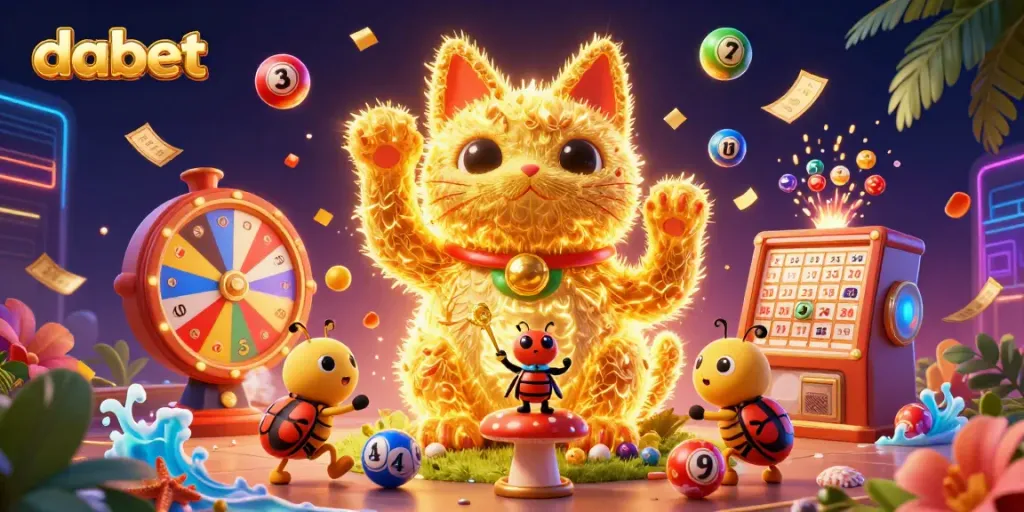 Dazzle with Dabet's exciting lucky cat casino experience, enhanced by vibrant ticket confetti and lottery balls.